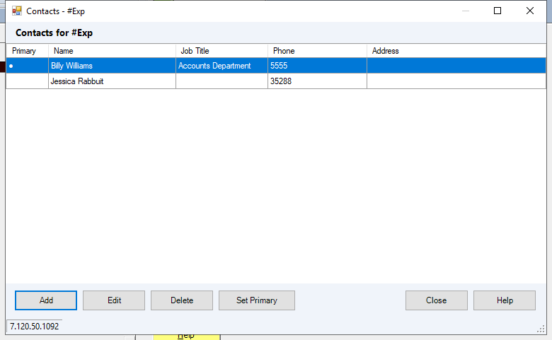 The Contacts window, showing the primary contact flagged and sorted to the top of the list