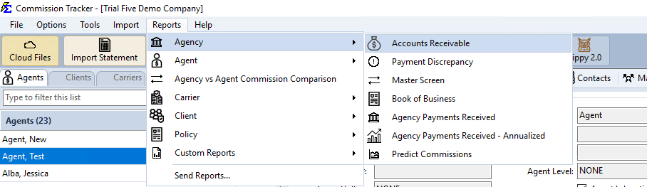 Accounts Receivable in the Reports β Agency menu