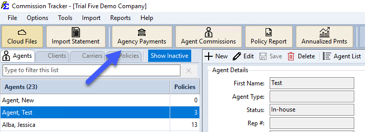 Agency Payments button on the main toolbar