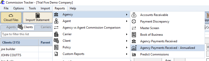 Agency Payments Received - Annualized in the Reports → Agency menu