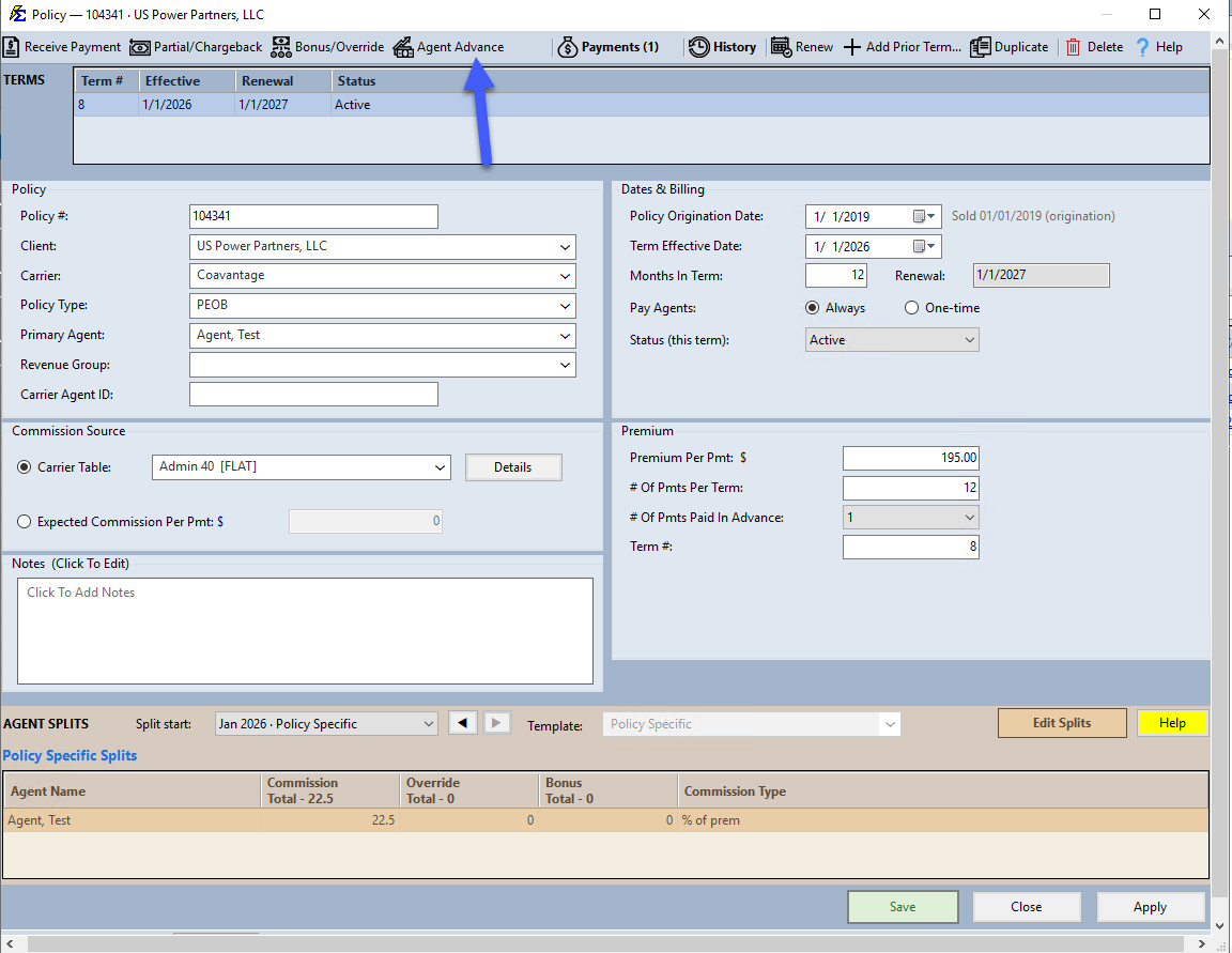 Agent Advance Selection Screen
