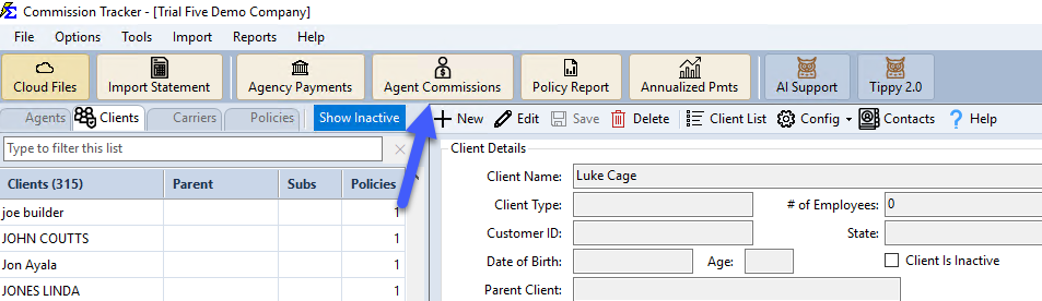 Agent Commissions button on the main toolbar