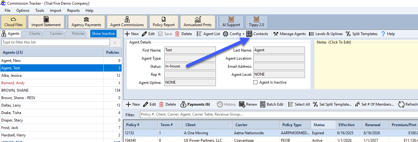 Contacts button on the Agent screen toolbar