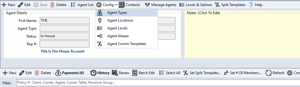 Config dropdown on Agent screen showing Agent Types