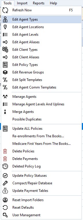 Edit Agent Types in Tools Menu
