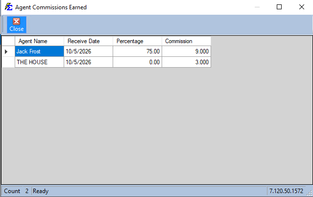 Agent Commissions Earned showing the agent and House payout