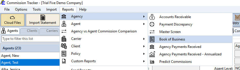Book of Business in the Reports β Agency menu