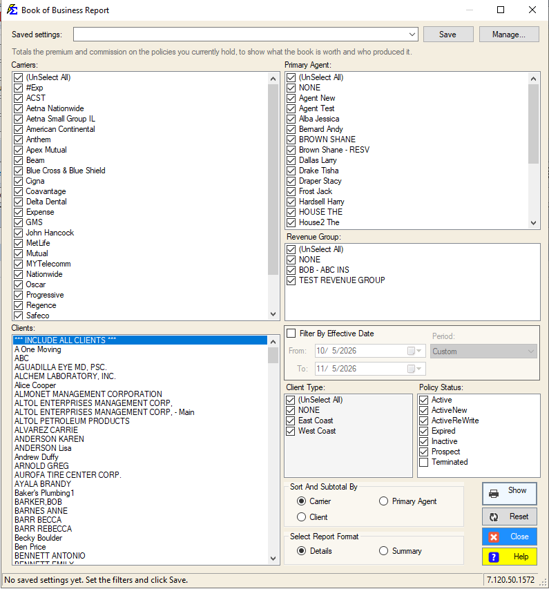 Filtering and Grouping Options