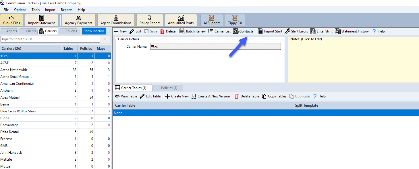 Contacts button on the Carrier screen toolbar
