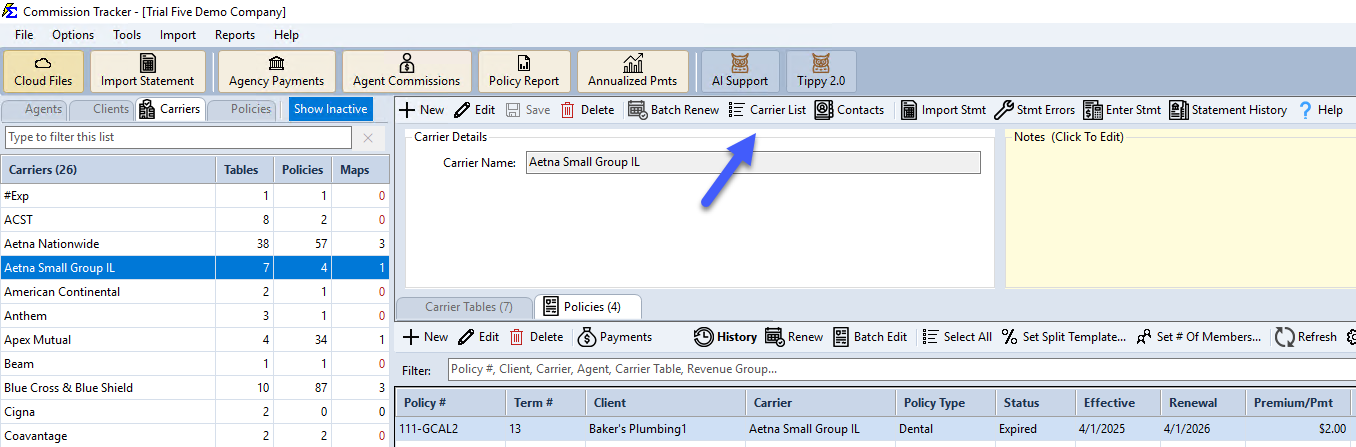 Carrier List button on the Carrier screen toolbar