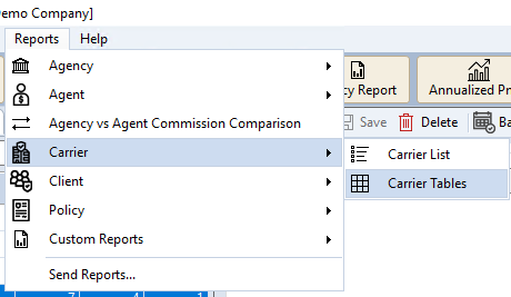 Carrier Tables in the Reports → Carrier menu