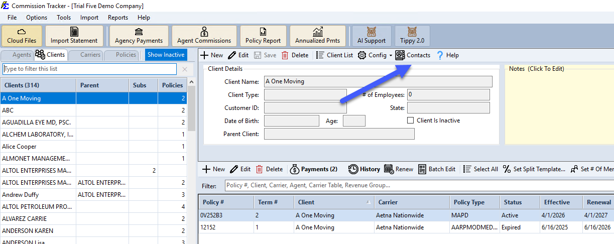 Contacts button on the Client screen toolbar