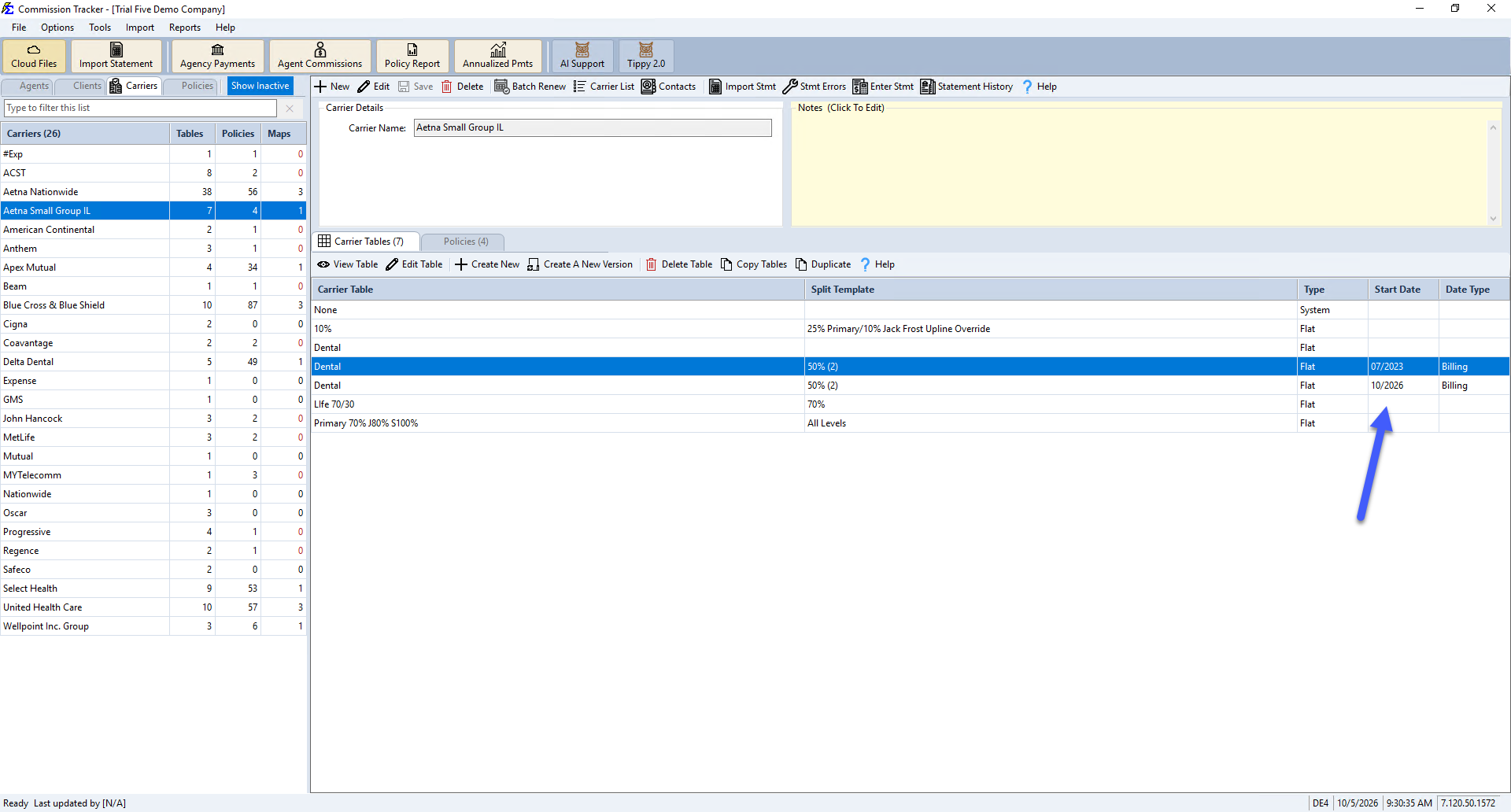 Carrier Table Version List View