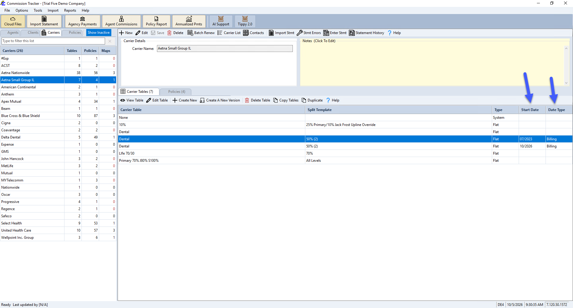 Carrier Table Version Details and Settings