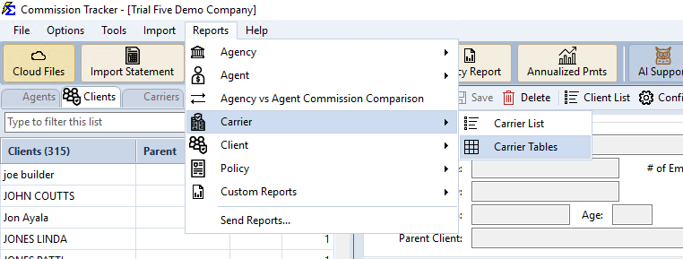 Carrier Tables in the Reports β Carrier menu