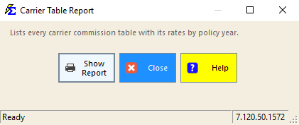 Carrier Table Report launch dialog