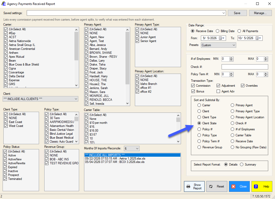 Agency Payments Received report with Client State selected under Sort and Subtotal By