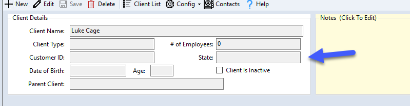 State field on the Client Details screen