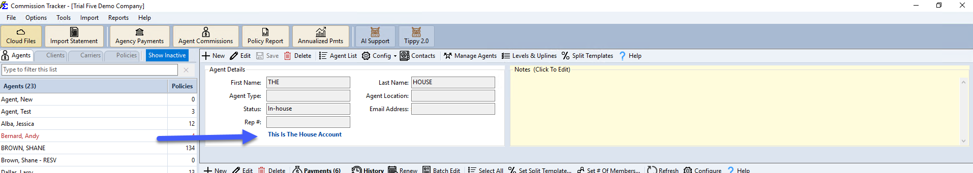 House Account label on the agent profile