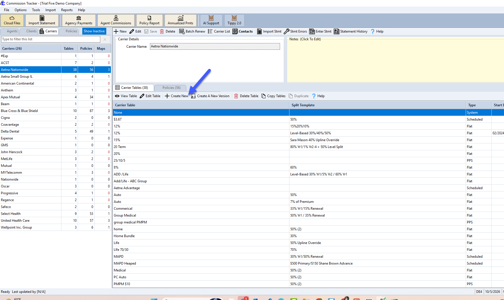 Create New button on the Carrier Tables tab