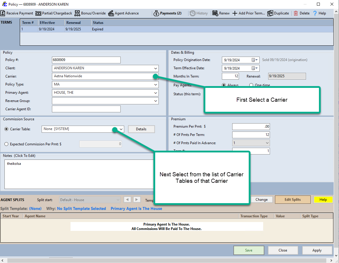 Selecting a Carrier and Carrier Table on the Policy screen