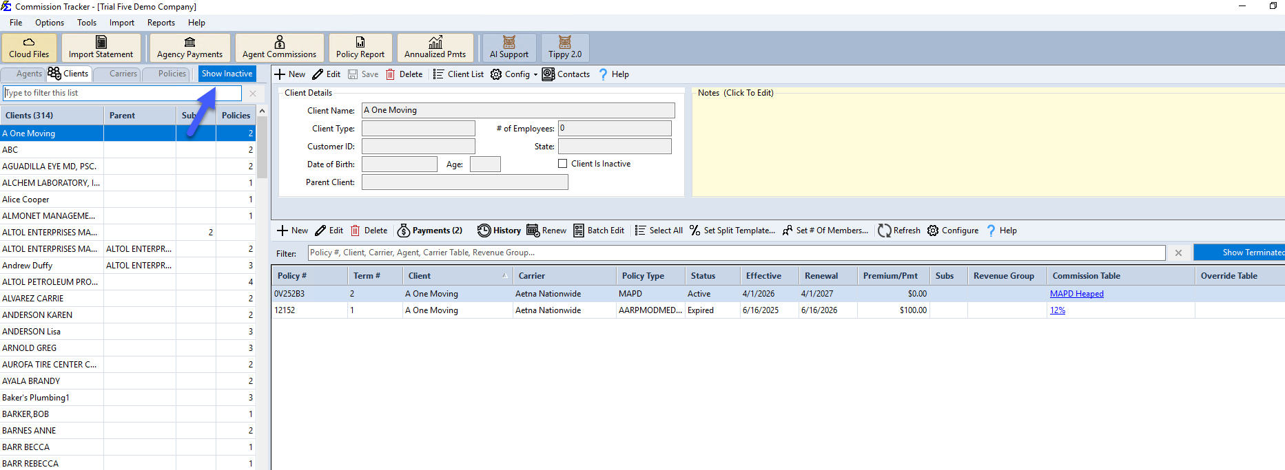 Show Inactive toggle on the Clients tab toolbar