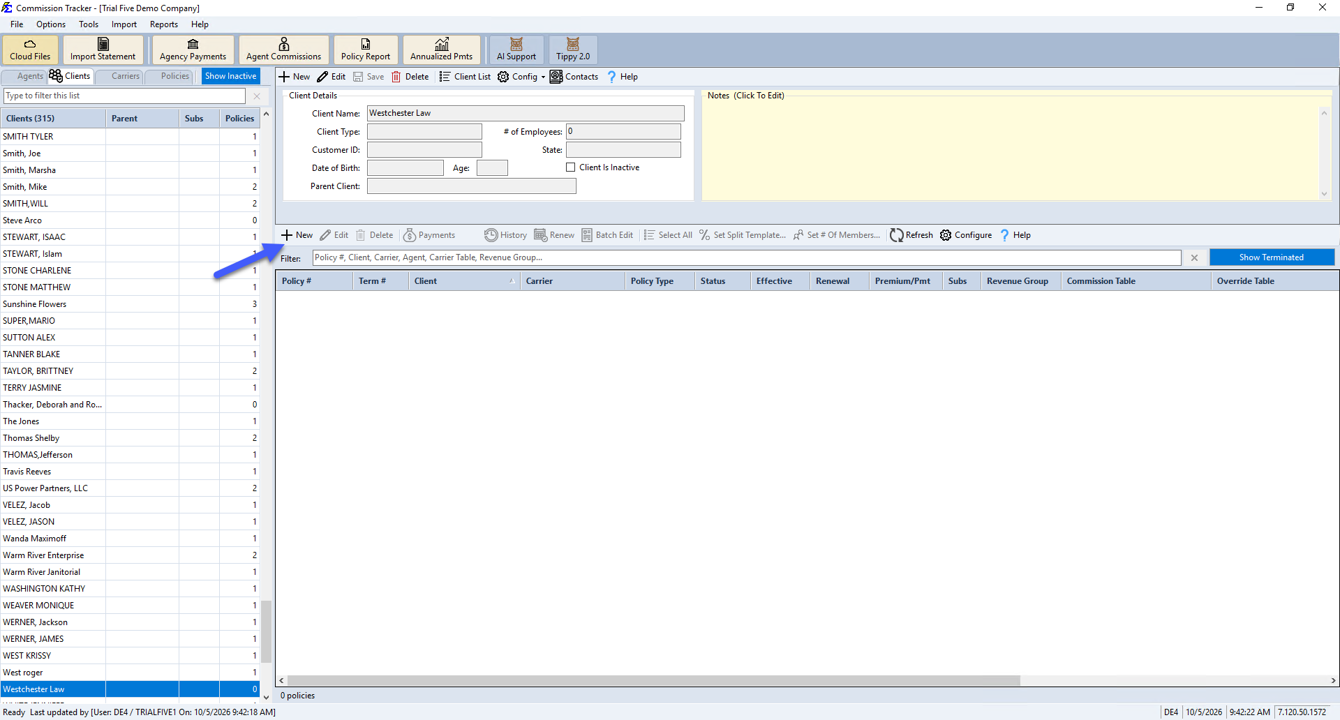 Creating a new policy from the client's policy grid