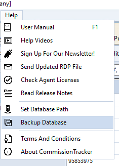 Backup Database in the Help menu