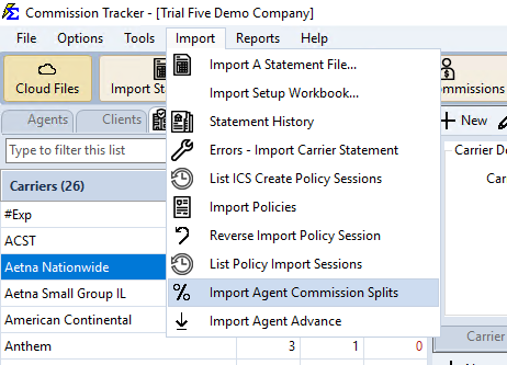 Import Agent Commission Splits in the Import menu
