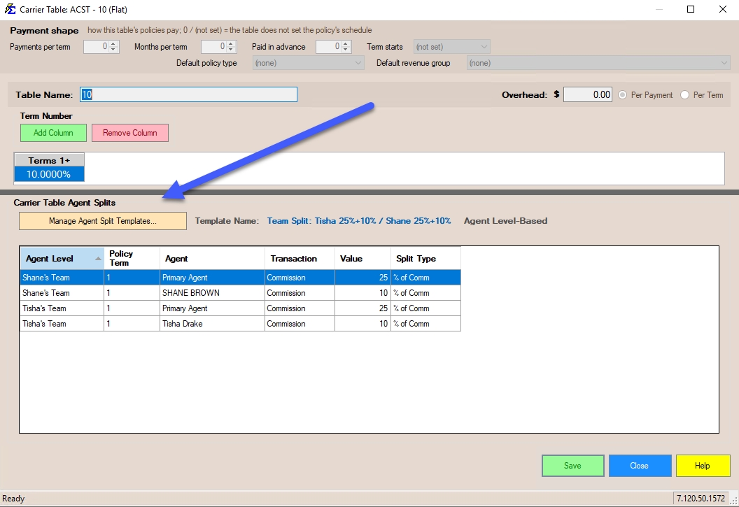 Carrier Table Agent Splits showing an assigned template