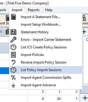 List Policy Import Sessions in the Import menu