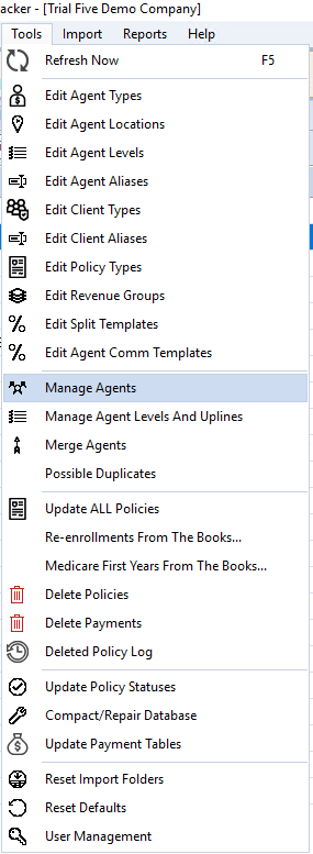 Manage Agents Menu