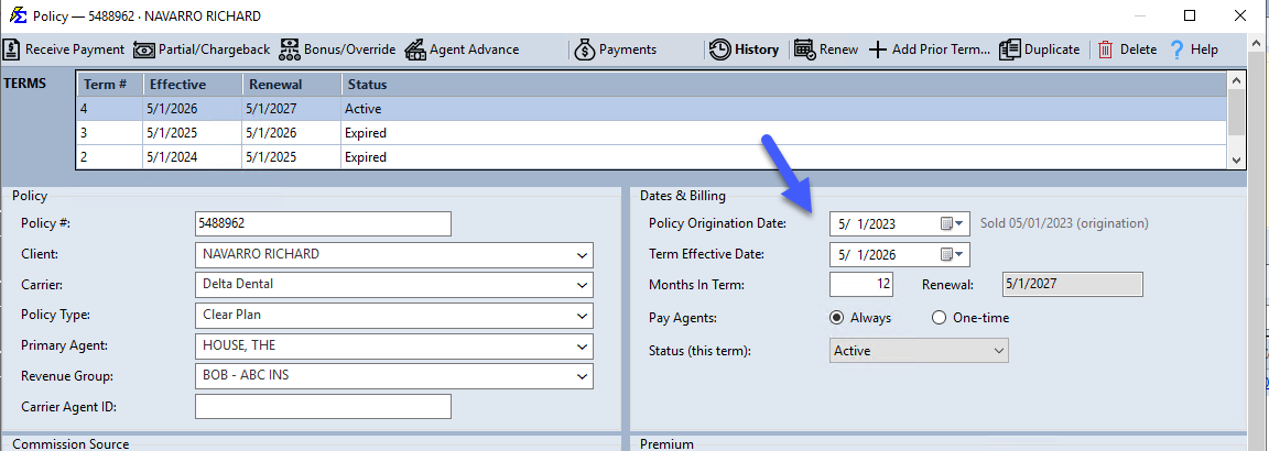 Policy Origination Date field