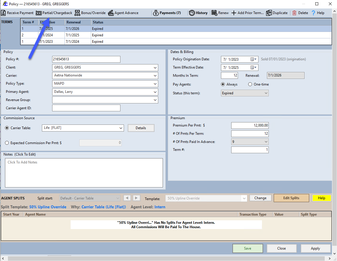 Partial Payment and Chargeback Entry Interface