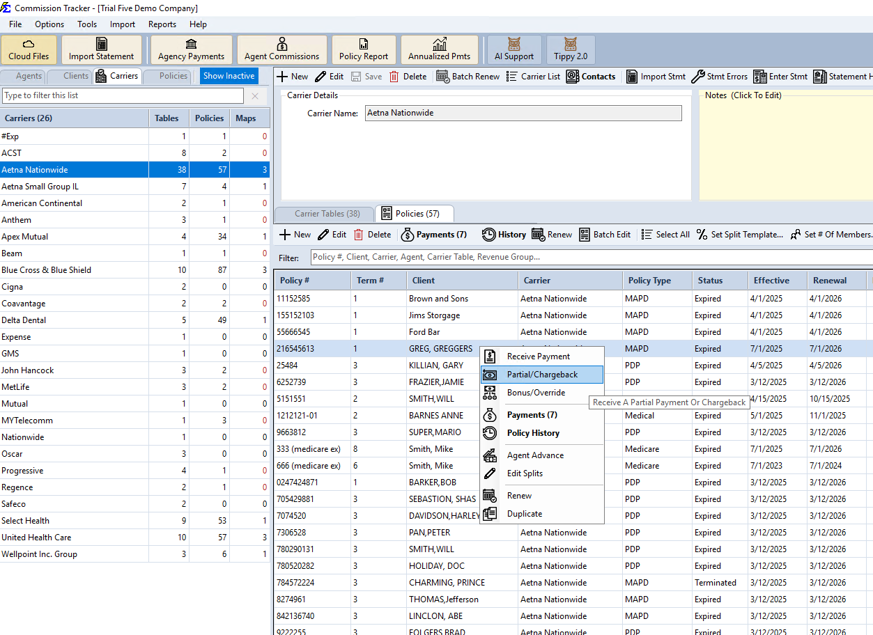 Partial/Chargeback in the right-click menu on the Policies grid