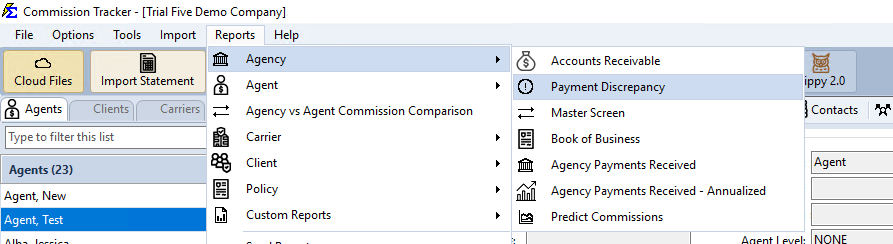 Payment Discrepancy in the Reports → Agency menu