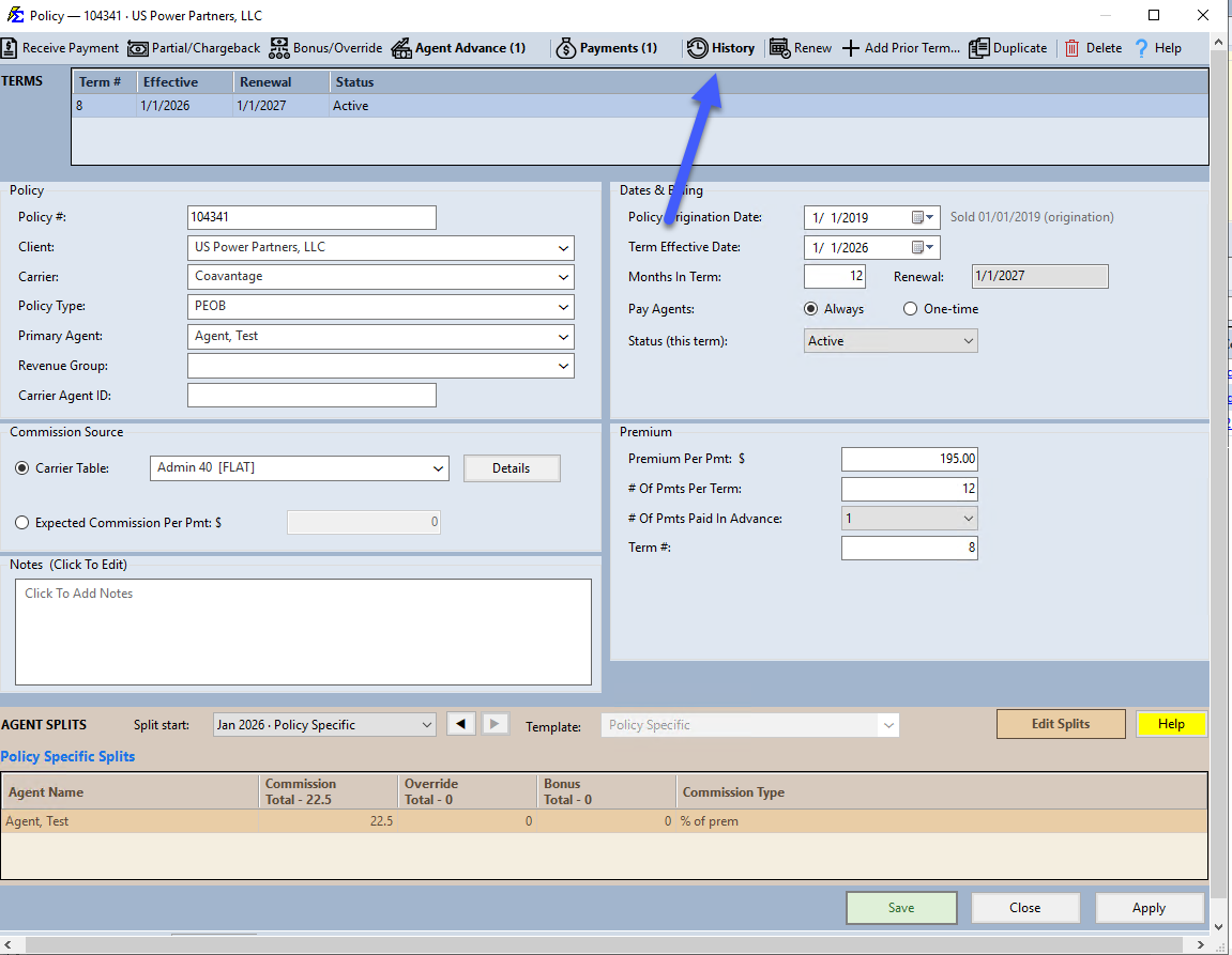History button on the Policy screen toolbar