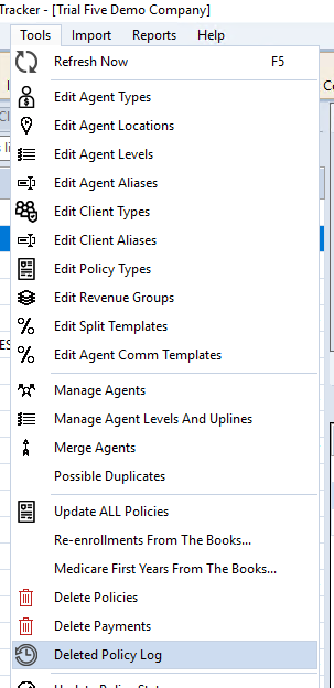 Deleted Policy Log in the Tools menu