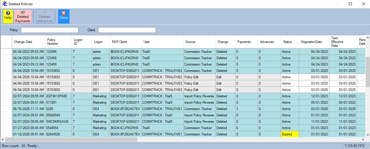 Deleted Policies log showing RDP Client, Logon, and User columns