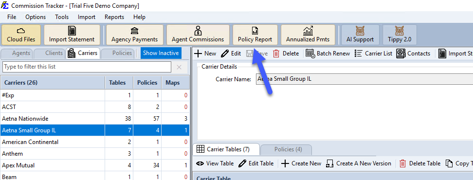 Policy Report button on the main toolbar