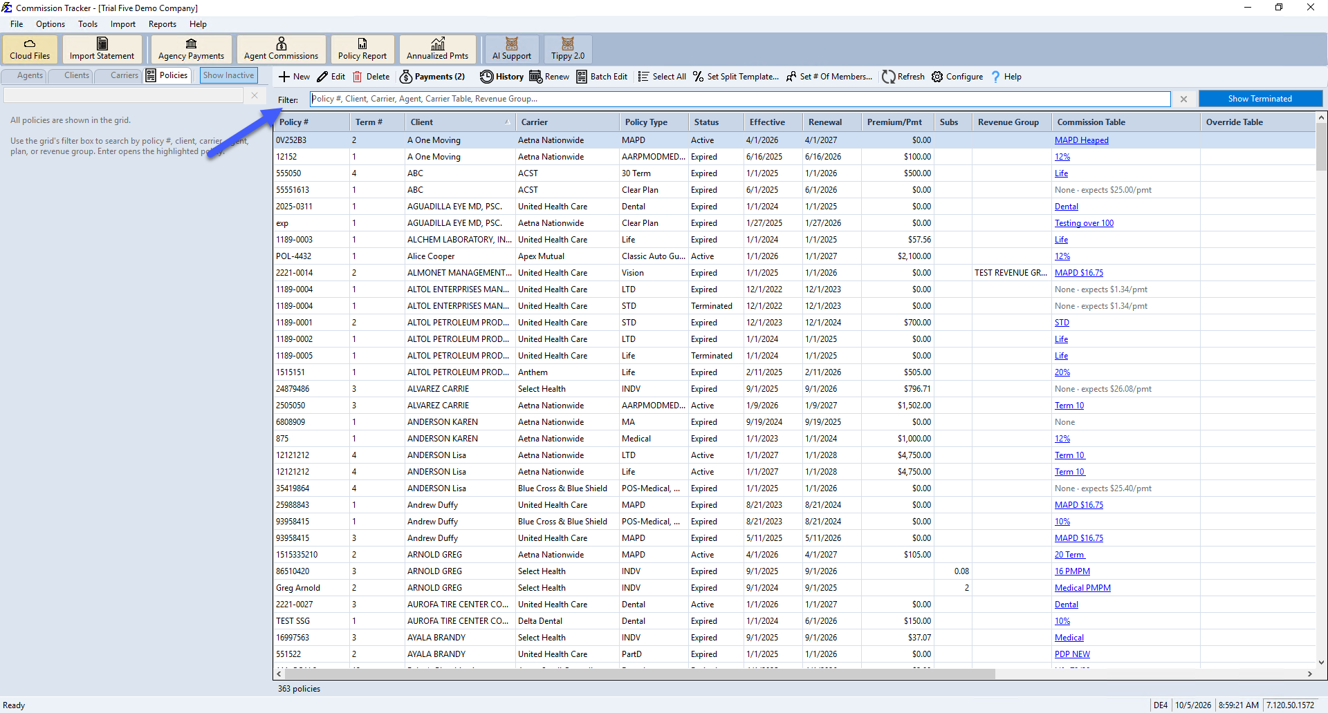 Policies tab filter box