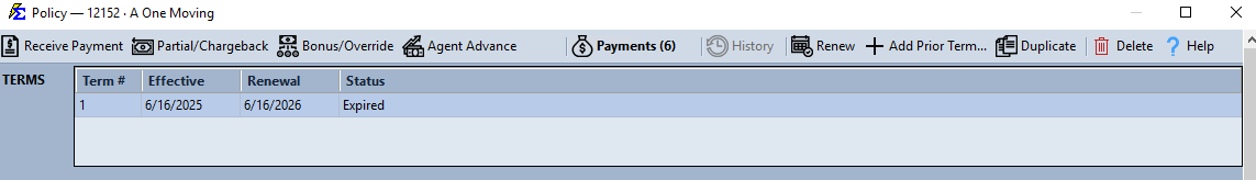 Policy Term Number List Interface
