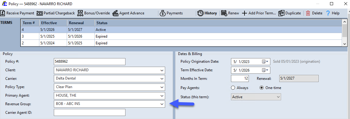 Revenue Group field on the Policy screen