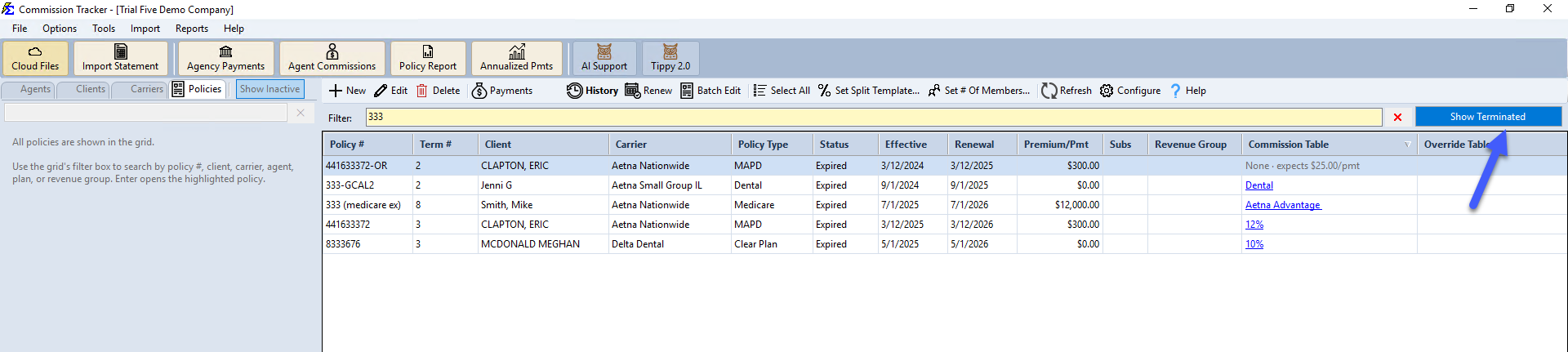 Show Terminated button on the Policies grid toolbar