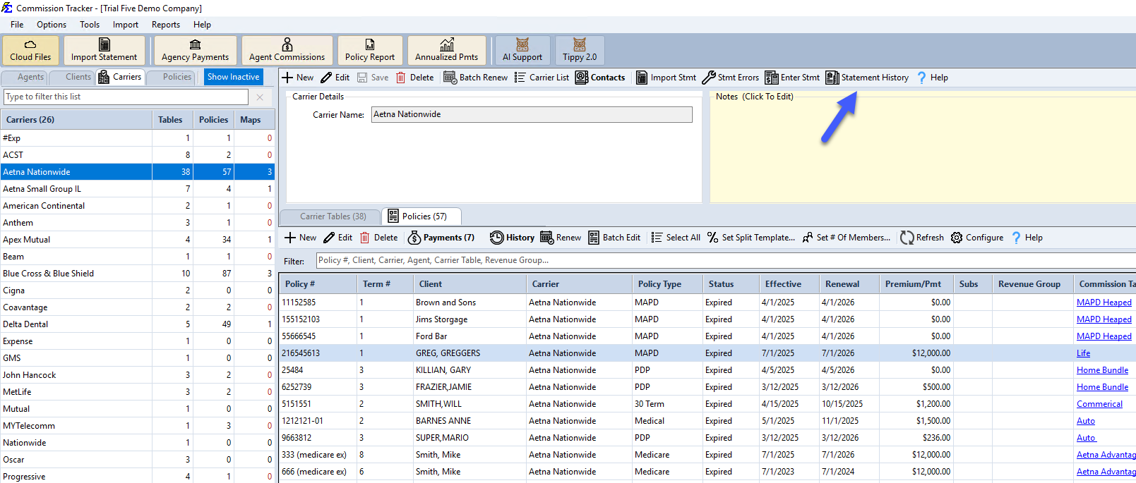 Manage Statements button on the carrier toolbar (shown here as Statement History, its name in newer versions)