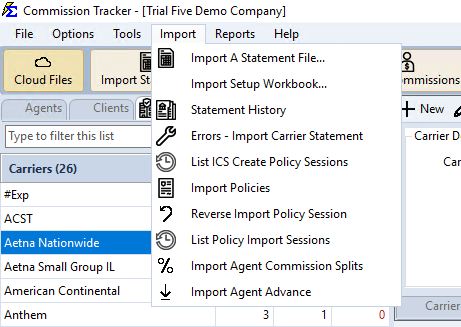 Manage Import/Reconcile Sessions in the Import menu (shown here as Statement History, its name in newer versions)