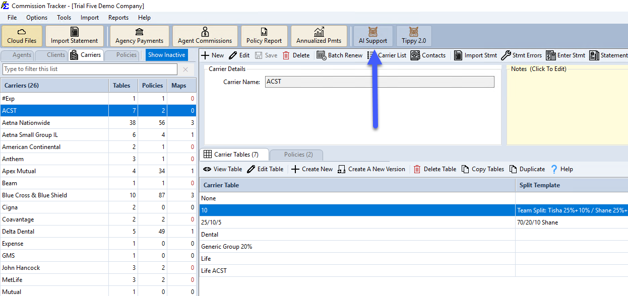AI Support button on the main toolbar