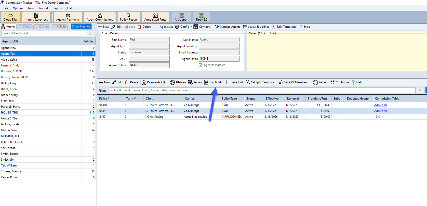 Batch Edit button on the agent's policy grid