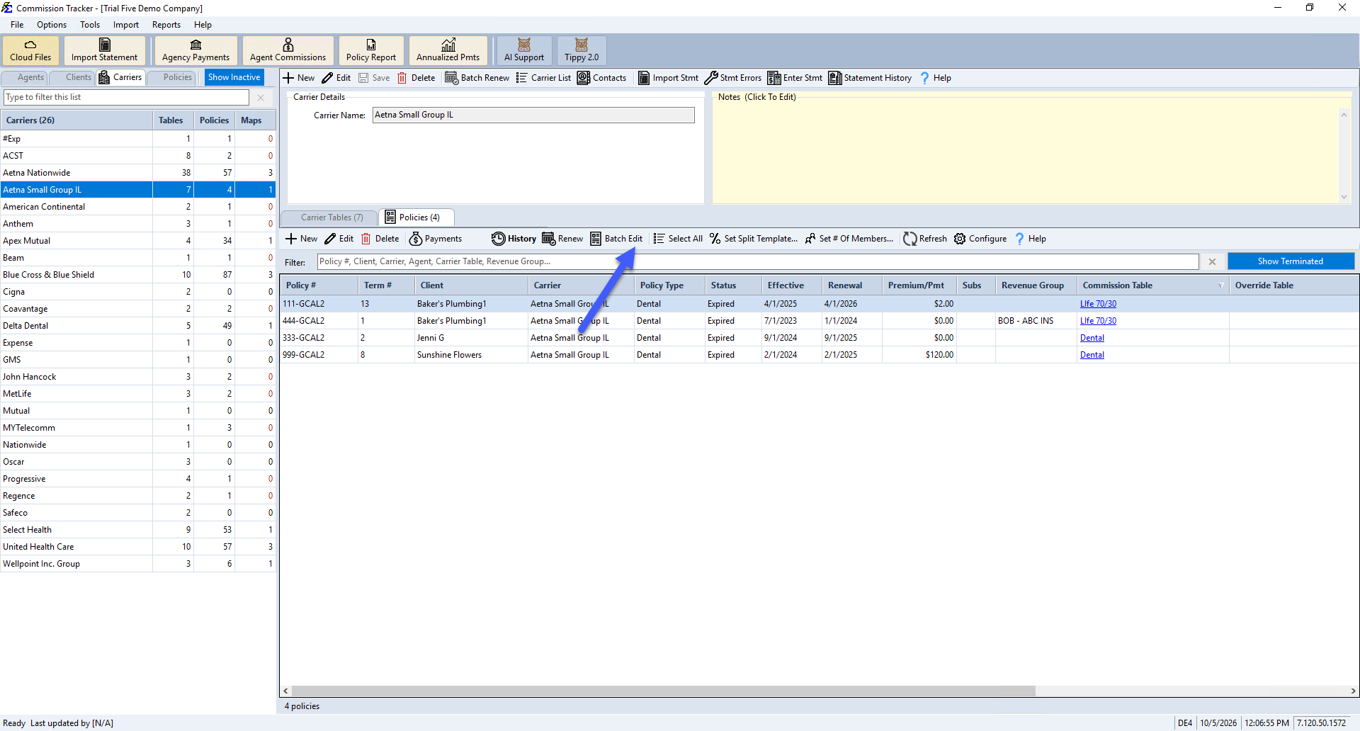 Batch Edit button on the Carrier's Policies tab