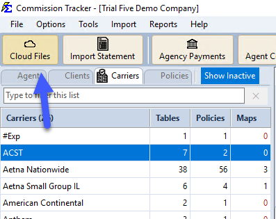 Cloud Files button on the main toolbar